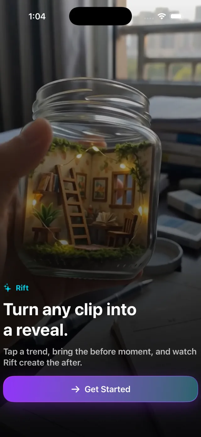 Rift AI onboarding screen showing an AI video edit